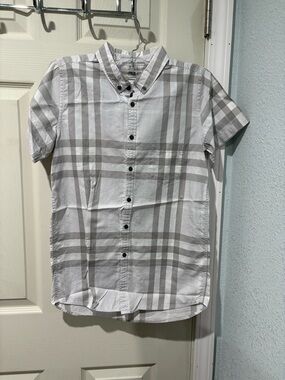 Burberry White & Gray Short Sleeve Plaid Button-Down Shirt